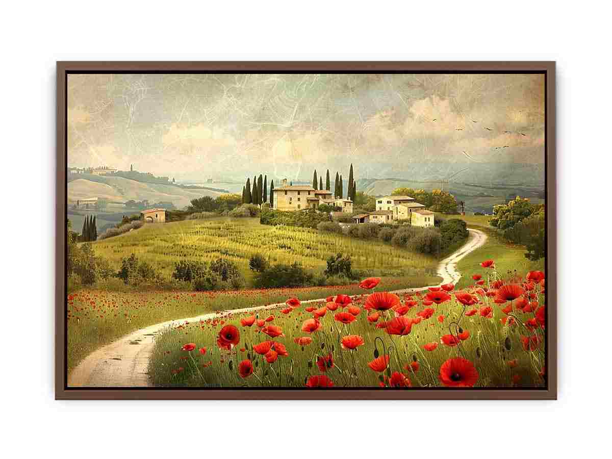Tuscan poppy landscape canvas art for rustic dining room decor.