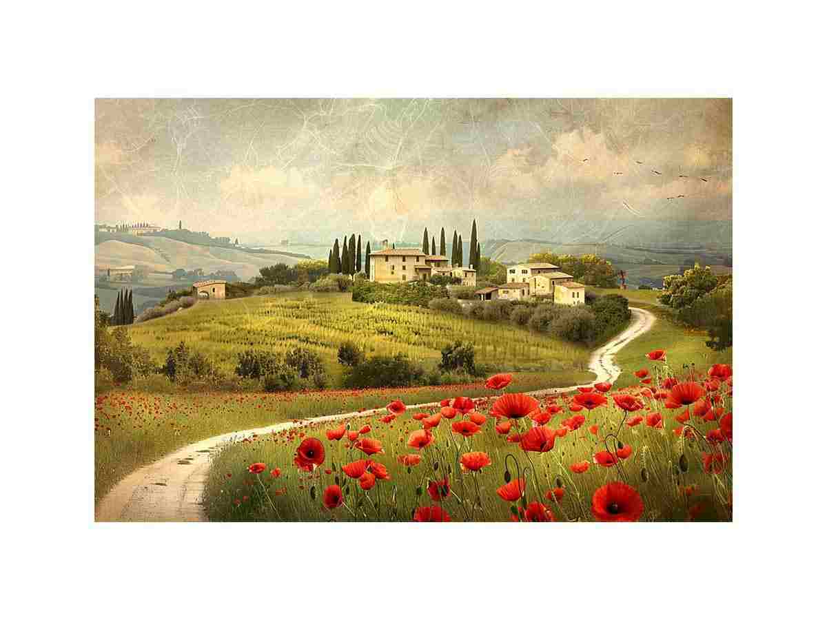 Tuscan poppy landscape canvas art for rustic dining room decor.