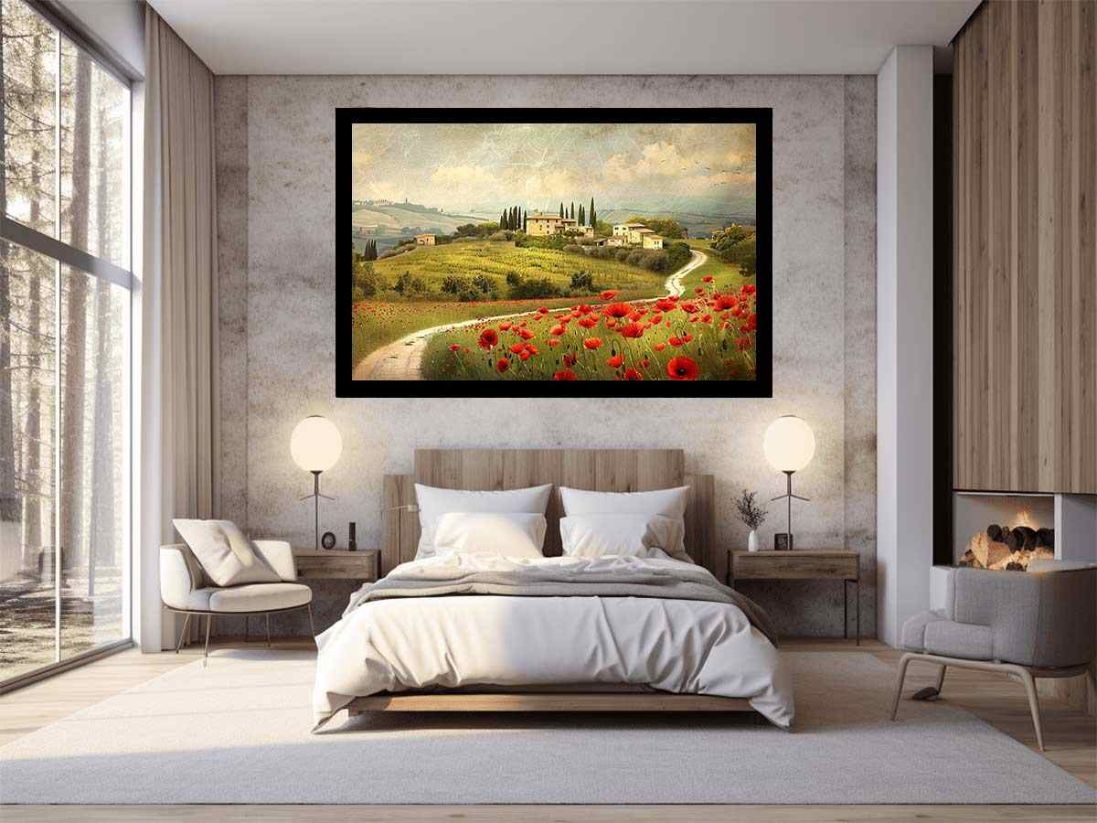 Tuscan poppy landscape canvas art for rustic dining room decor.