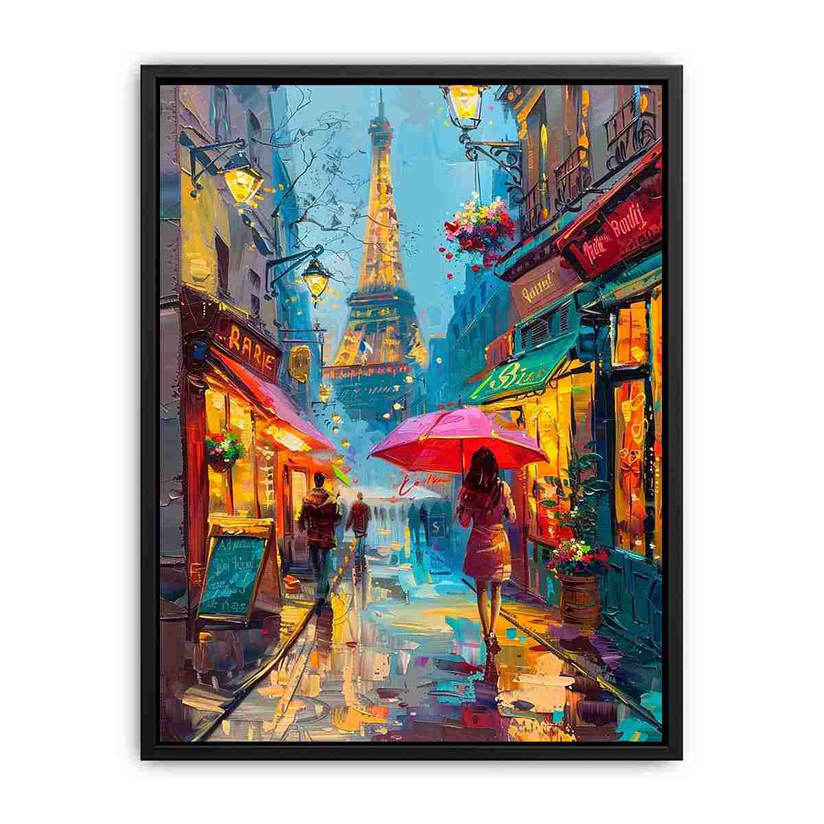 Colorful Paris street canvas art with Eiffel Tower for apartment decor.