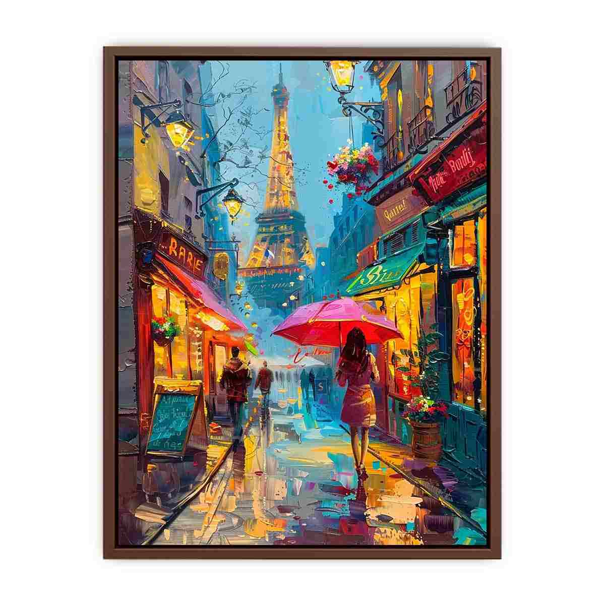 Colorful Paris street canvas art with Eiffel Tower for apartment decor.