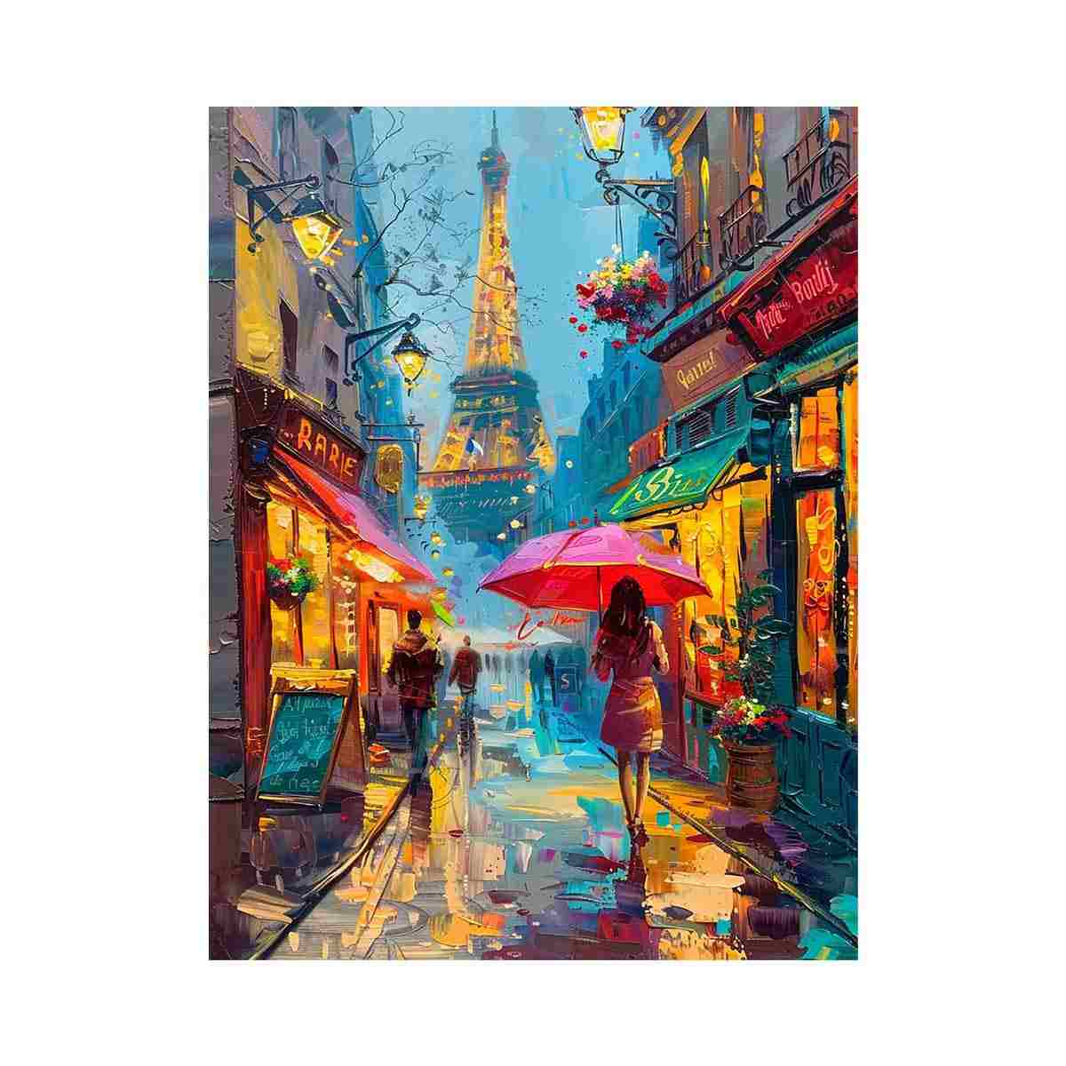 Colorful Paris street canvas art with Eiffel Tower for apartment decor.