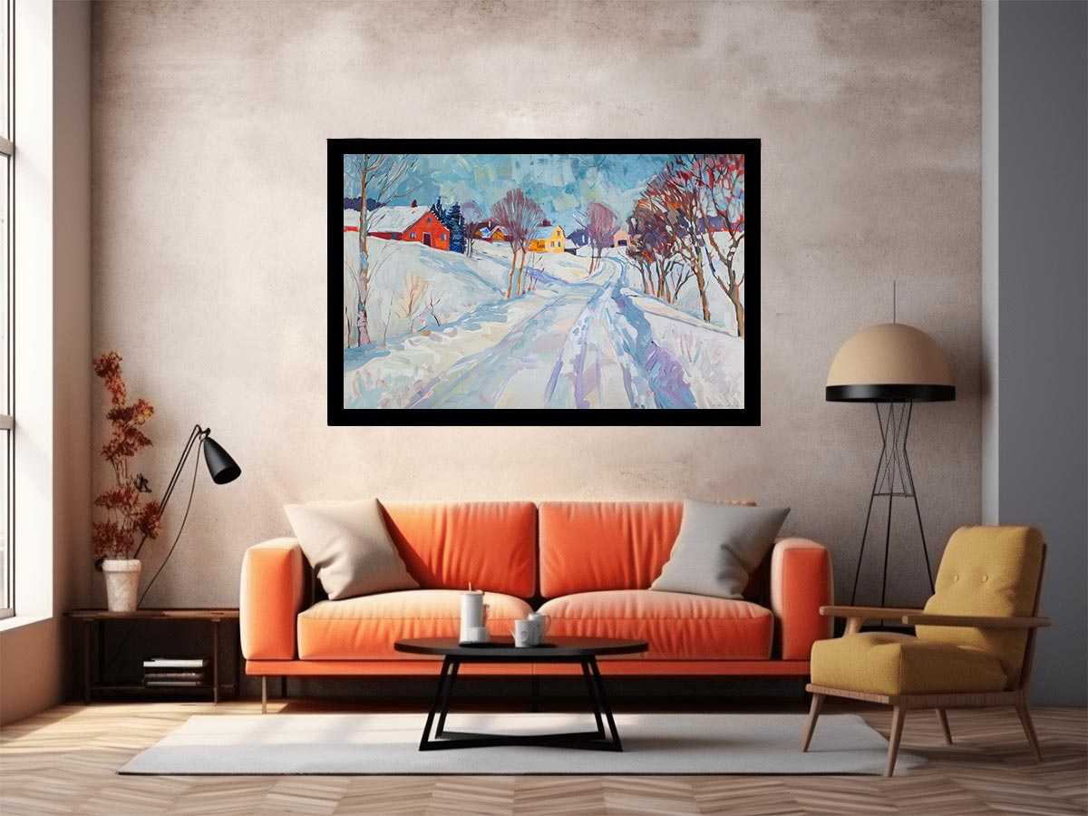 Colourful winter village landscape canvas art for cosy living room decor.