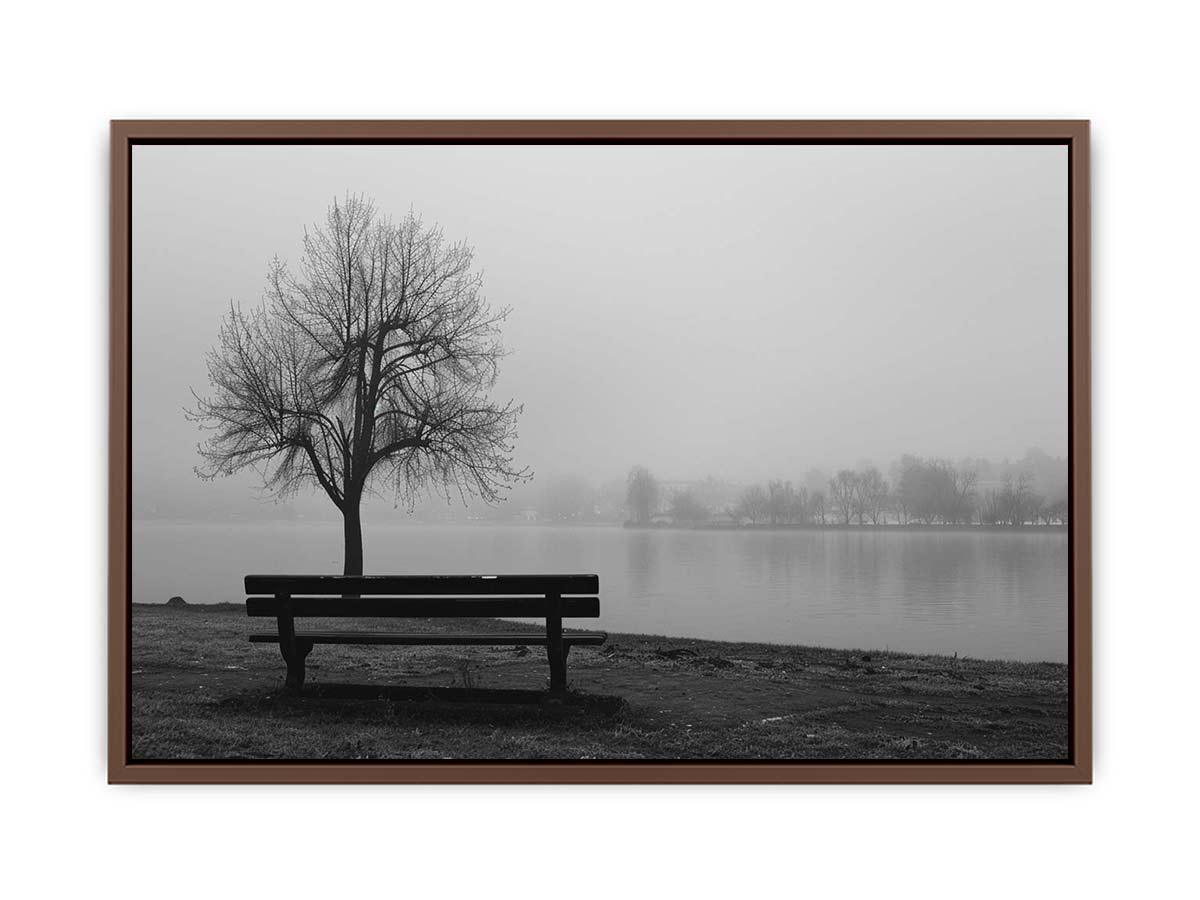 Black and white lakeside bench photography canvas for calm bedroom decor.