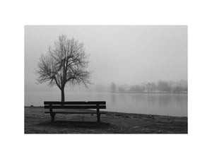 Black and white lakeside bench photography canvas for calm bedroom decor.