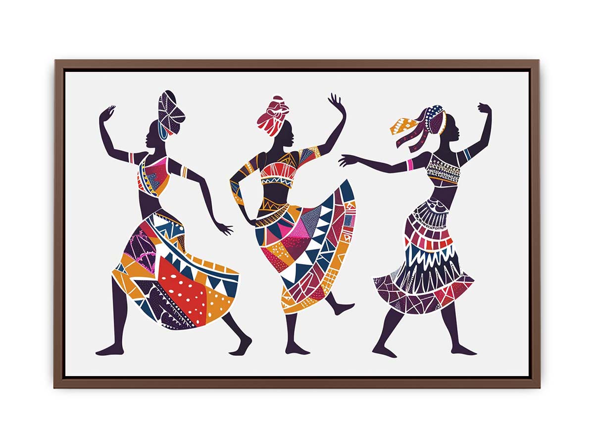 Colourful dancing figures canvas art for eclectic living room decor.