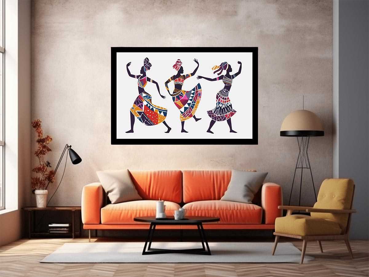 Colourful dancing figures canvas art for eclectic living room decor.