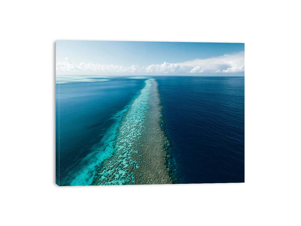 Long turquoise reef ocean canvas for modern coastal wall decor.