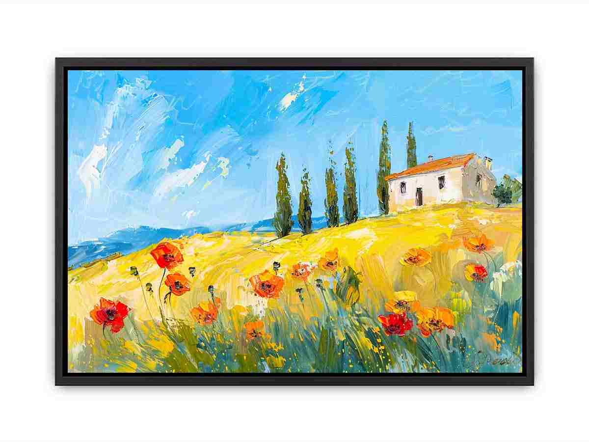 Colourful poppy hillside canvas art for Mediterranean kitchen decor.