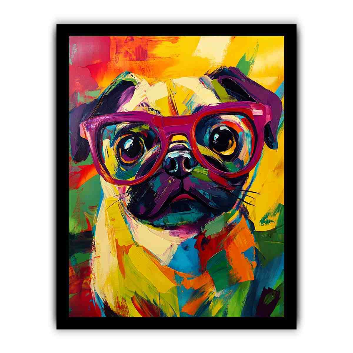 Bright pop art pug canvas with red glasses for colourful bedroom decor.