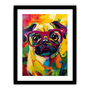 Bright pop art pug canvas with red glasses for colourful bedroom decor.