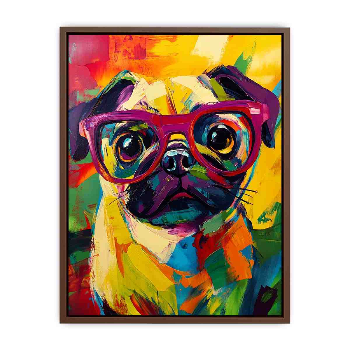 Bright pop art pug canvas with red glasses for colourful bedroom decor.