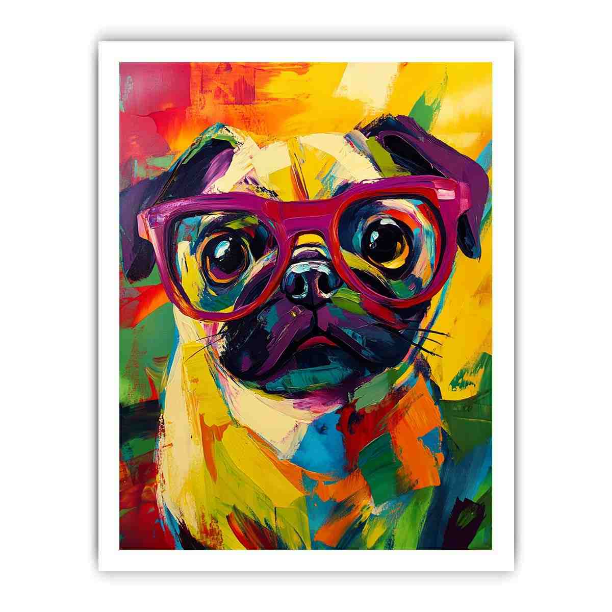 Bright pop art pug canvas with red glasses for colourful bedroom decor.