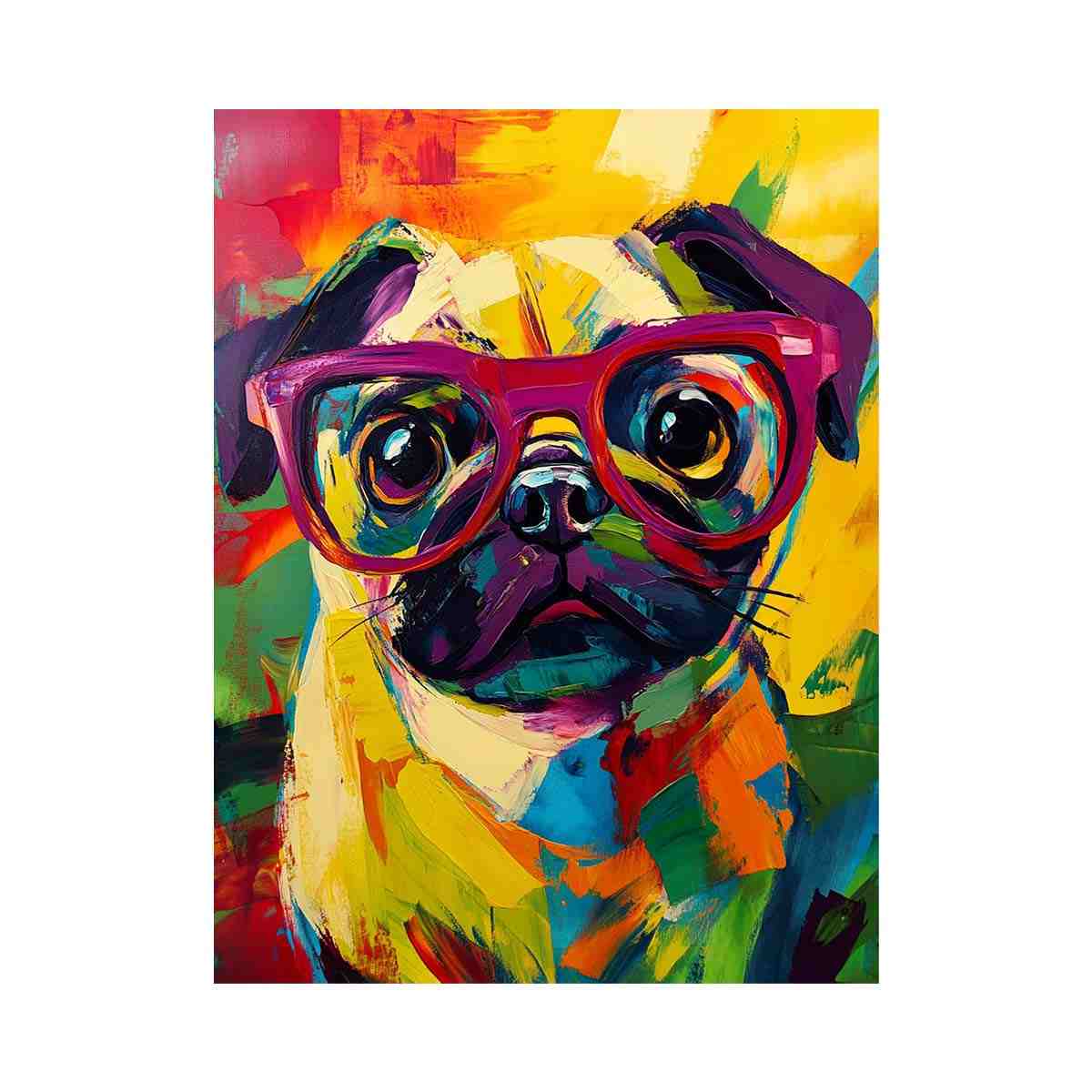 Bright pop art pug canvas with red glasses for colourful bedroom decor.