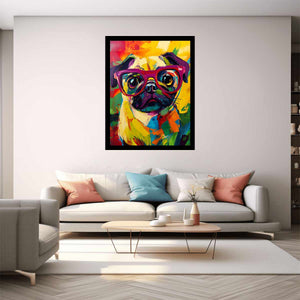 Bright pop art pug canvas with red glasses for colourful bedroom decor.