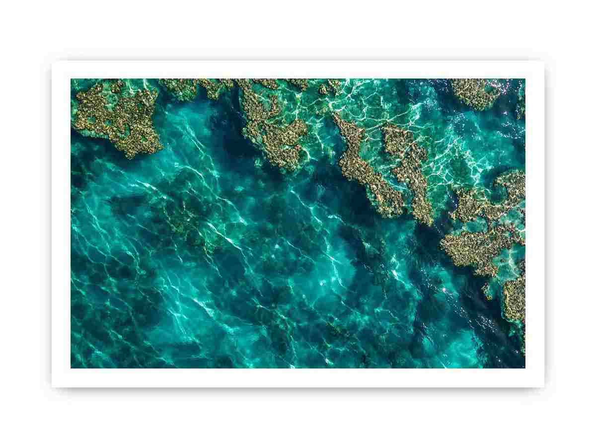 Teal ocean coral photography canvas for calming coastal room decor.