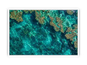 Teal ocean coral photography canvas for calming coastal room decor.