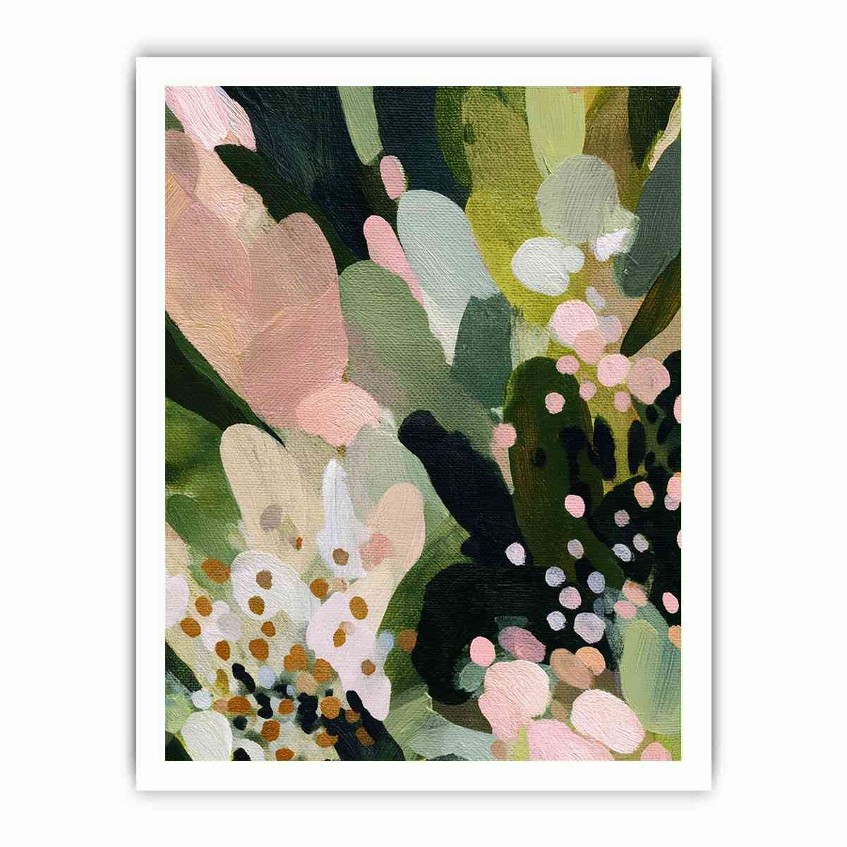 Sage green botanical canvas art with pink florals and leafy abstract details for bedroom decor.