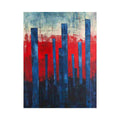 Blue and red abstract cityscape canvas for bold modern office decor.