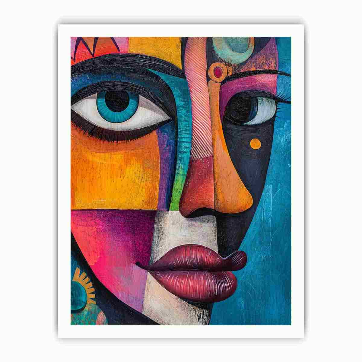 Colourful abstract woman portrait canvas for eclectic living room decor.