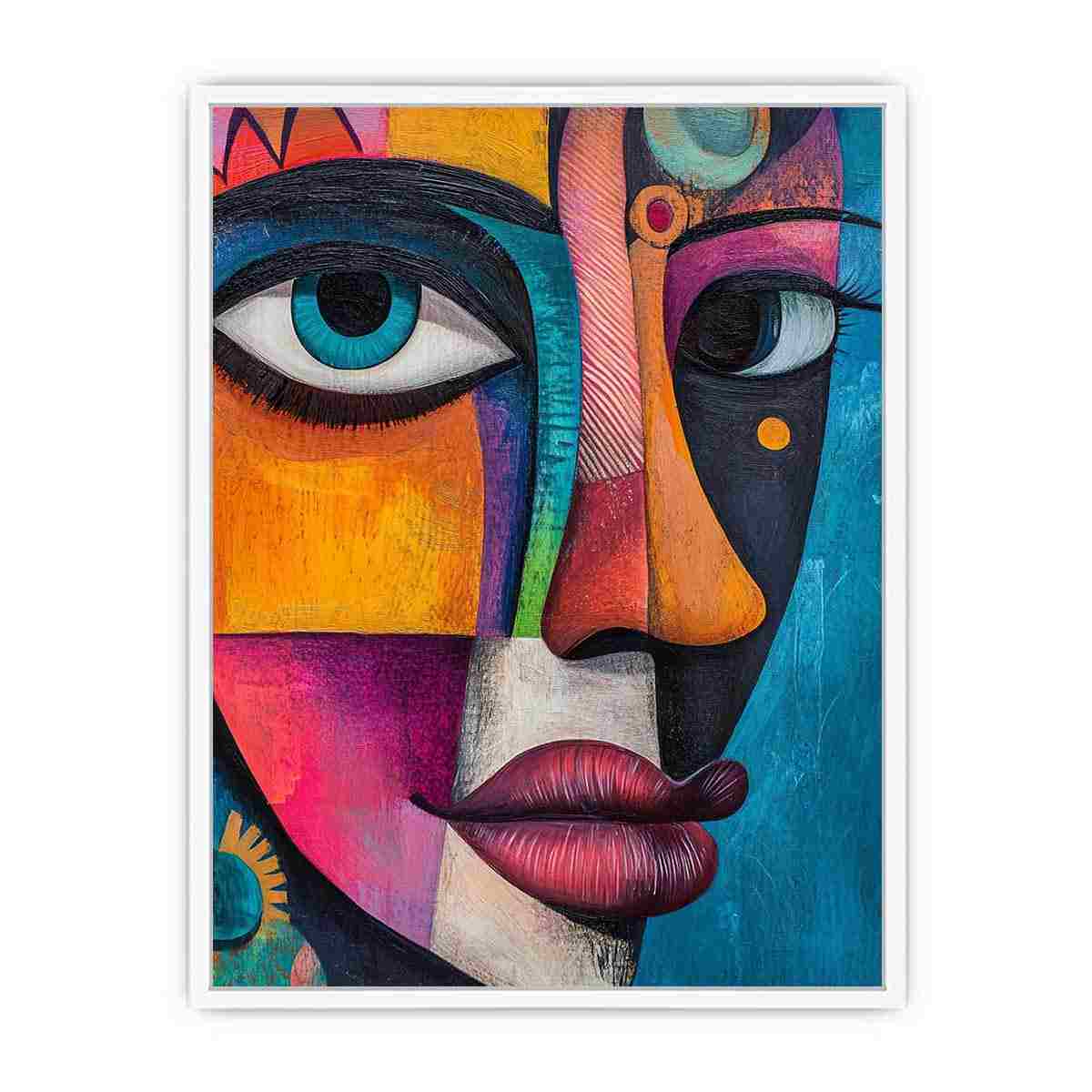 Colourful abstract woman portrait canvas for eclectic living room decor.