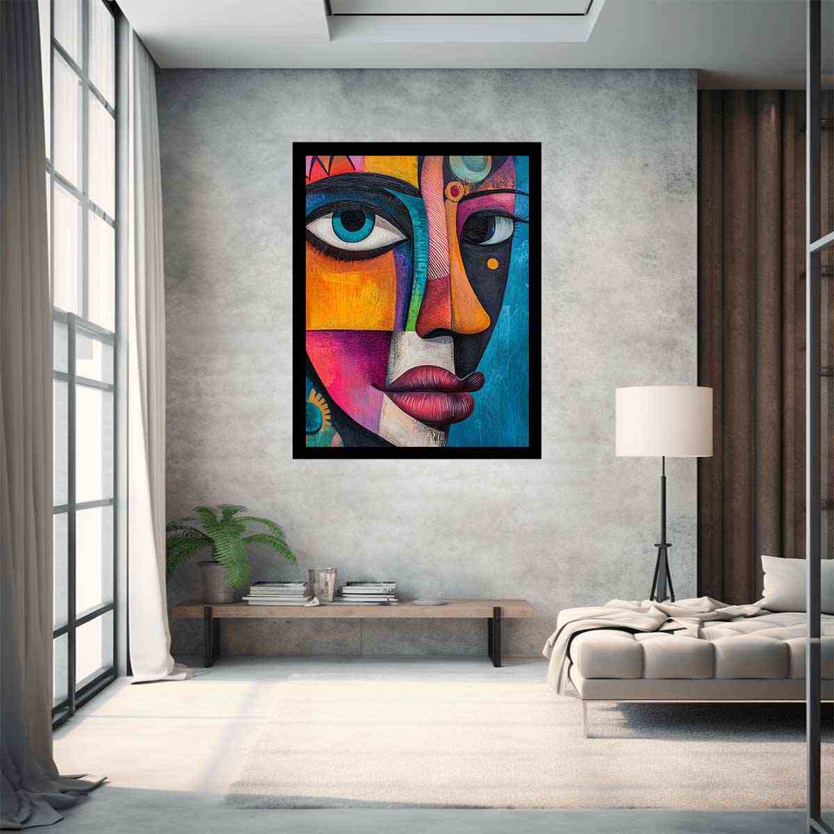 Colourful abstract woman portrait canvas for eclectic living room decor.