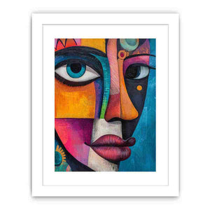 Colourful abstract woman portrait canvas for eclectic living room decor.