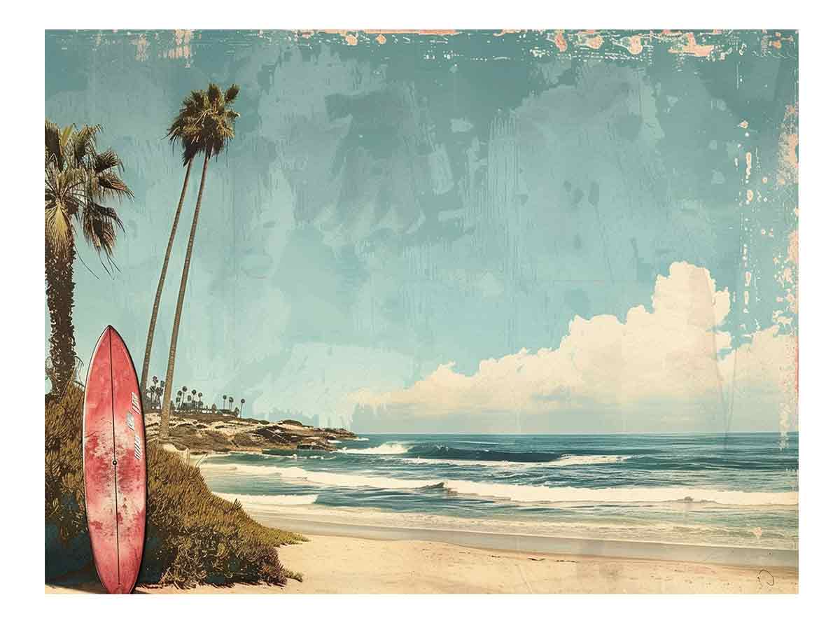 Vintage surf beach print with palm trees and surfboard for coastal decor.