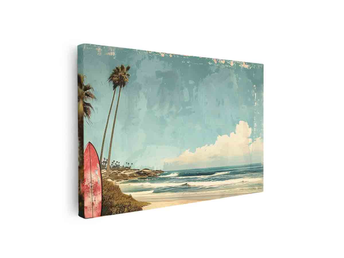 Vintage surf beach print with palm trees and surfboard for coastal decor.