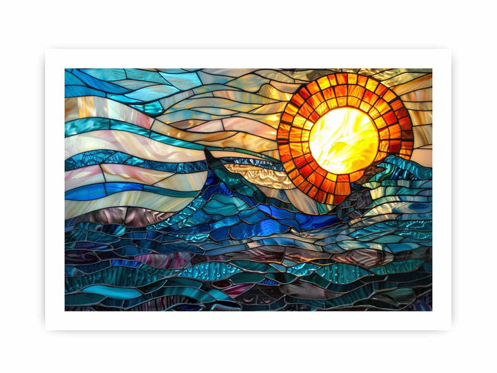 Ocean Sunset Glass Art framed Print