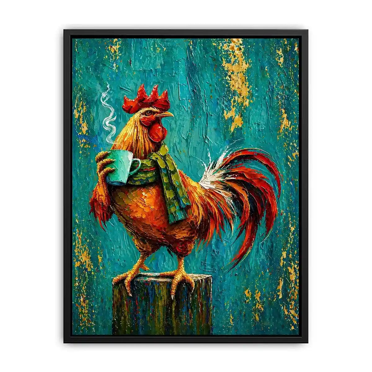 Colorful rooster canvas art with coffee mug for farmhouse kitchen and rustic dining room decor.