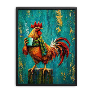 Colorful rooster canvas art with coffee mug for farmhouse kitchen and rustic dining room decor.