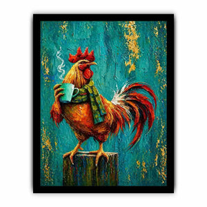 Colorful rooster canvas art with coffee mug for farmhouse kitchen and rustic dining room decor.