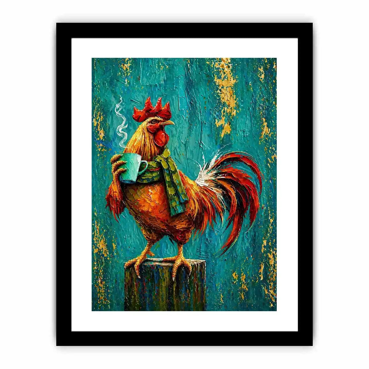 Colorful rooster canvas art with coffee mug for farmhouse kitchen and rustic dining room decor.