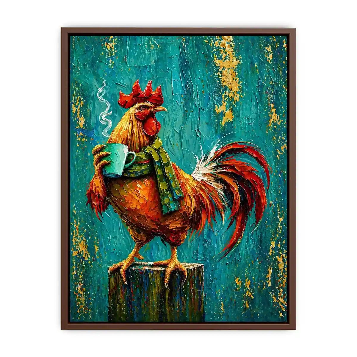 Colorful rooster canvas art with coffee mug for farmhouse kitchen and rustic dining room decor.