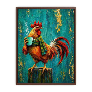 Colorful rooster canvas art with coffee mug for farmhouse kitchen and rustic dining room decor.