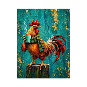Colorful rooster canvas art with coffee mug for farmhouse kitchen and rustic dining room decor.