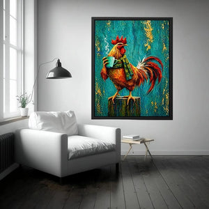 Colorful rooster canvas art with coffee mug for farmhouse kitchen and rustic dining room decor.