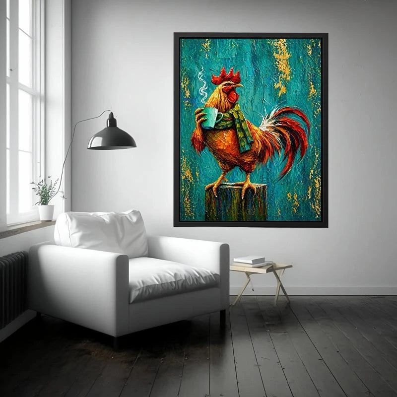 Colorful rooster canvas art with coffee mug for farmhouse kitchen and rustic dining room decor.