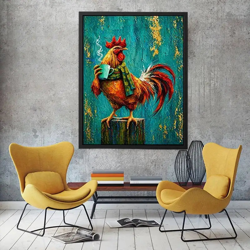 Colorful rooster canvas art with coffee mug for farmhouse kitchen and rustic dining room decor.