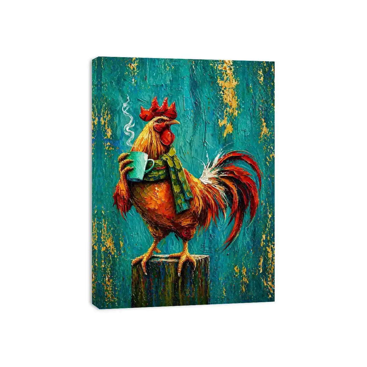 Colorful rooster canvas art with coffee mug for farmhouse kitchen and rustic dining room decor.