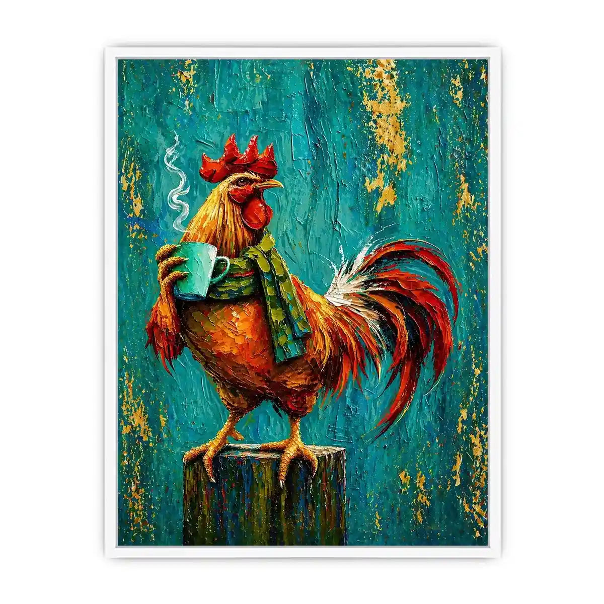 Colorful rooster canvas art with coffee mug for farmhouse kitchen and rustic dining room decor.