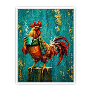 Colorful rooster canvas art with coffee mug for farmhouse kitchen and rustic dining room decor.
