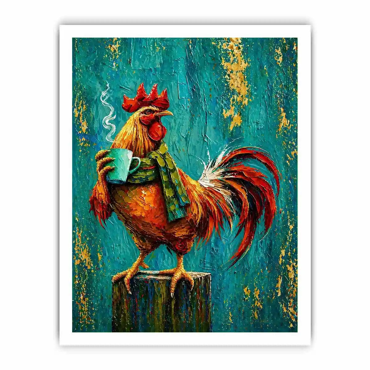 Colorful rooster canvas art with coffee mug for farmhouse kitchen and rustic dining room decor.