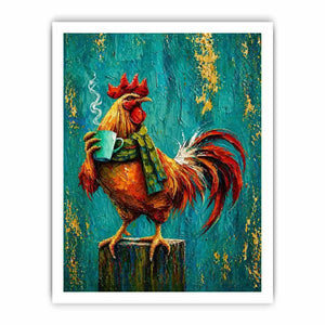 Colorful rooster canvas art with coffee mug for farmhouse kitchen and rustic dining room decor.