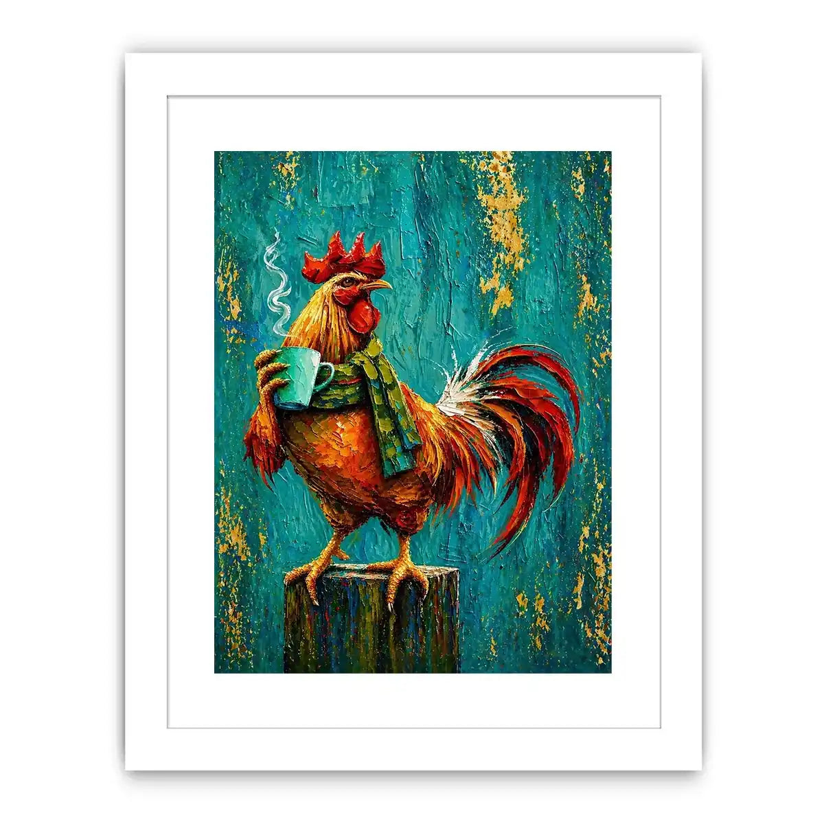 Colorful rooster canvas art with coffee mug for farmhouse kitchen and rustic dining room decor.