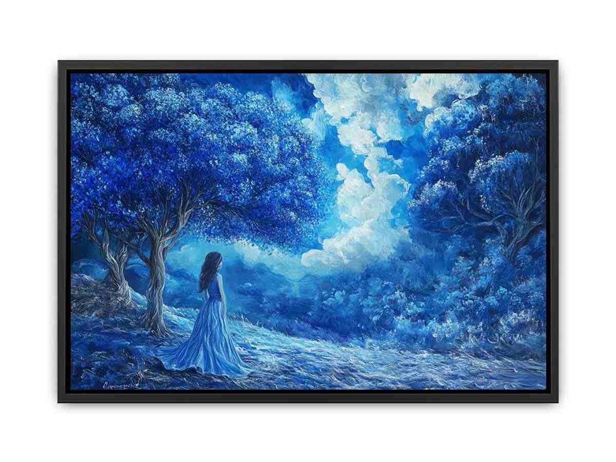 blue forest woman premium canvas wall art for modern living room decor