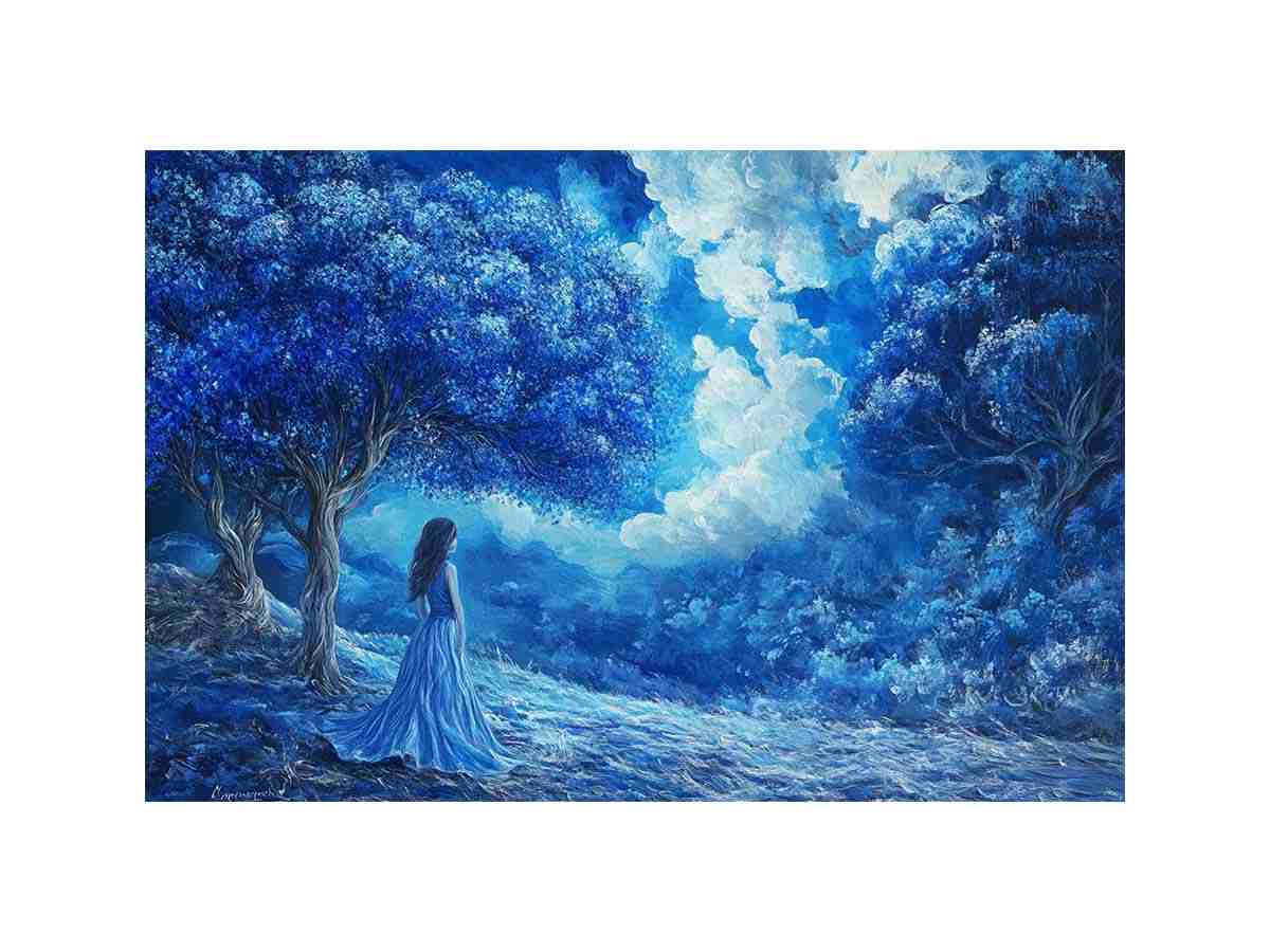 blue forest woman premium canvas wall art for modern living room decor