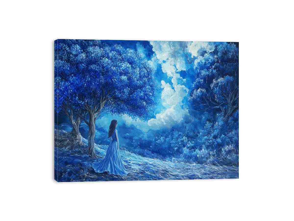 blue forest woman premium canvas wall art for modern living room decor