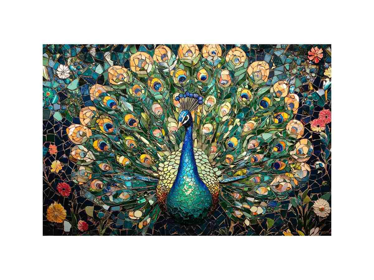 peacock mosaic premium canvas wall art for modern living room decor